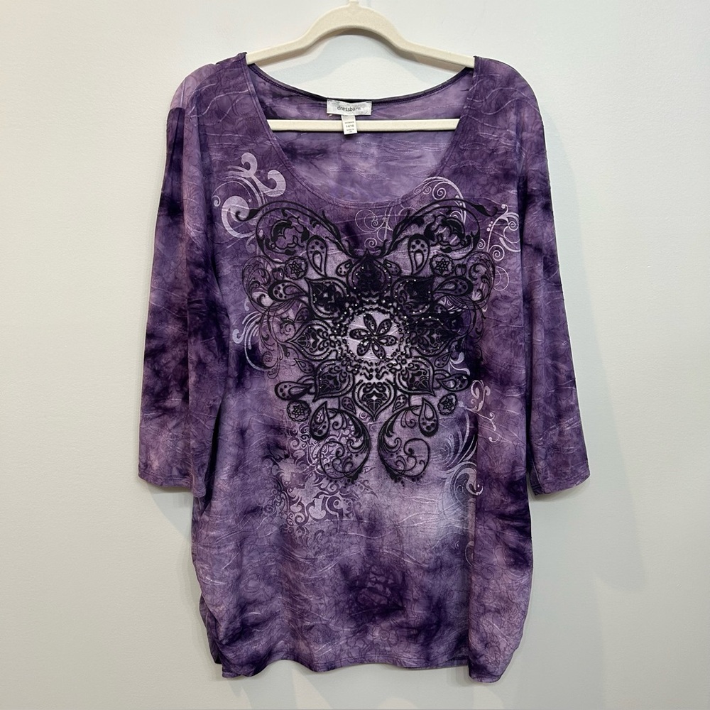 Tie Dye Purple Whimsigoth Top Burnout Flocked Velvet With Sparkles Size 14 / 16